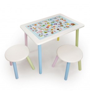 Детский комплект стол и два табурета круглых с накладкой Алфавит (Белый, Белый, Цветной) в Качканаре - kachkanar.mebel-74.com | фото